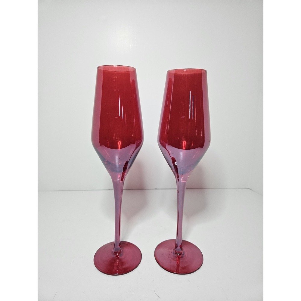 Ruby Red Champagne Flutes Glass Wine Stemware Colored Glassware Set of 2 10"